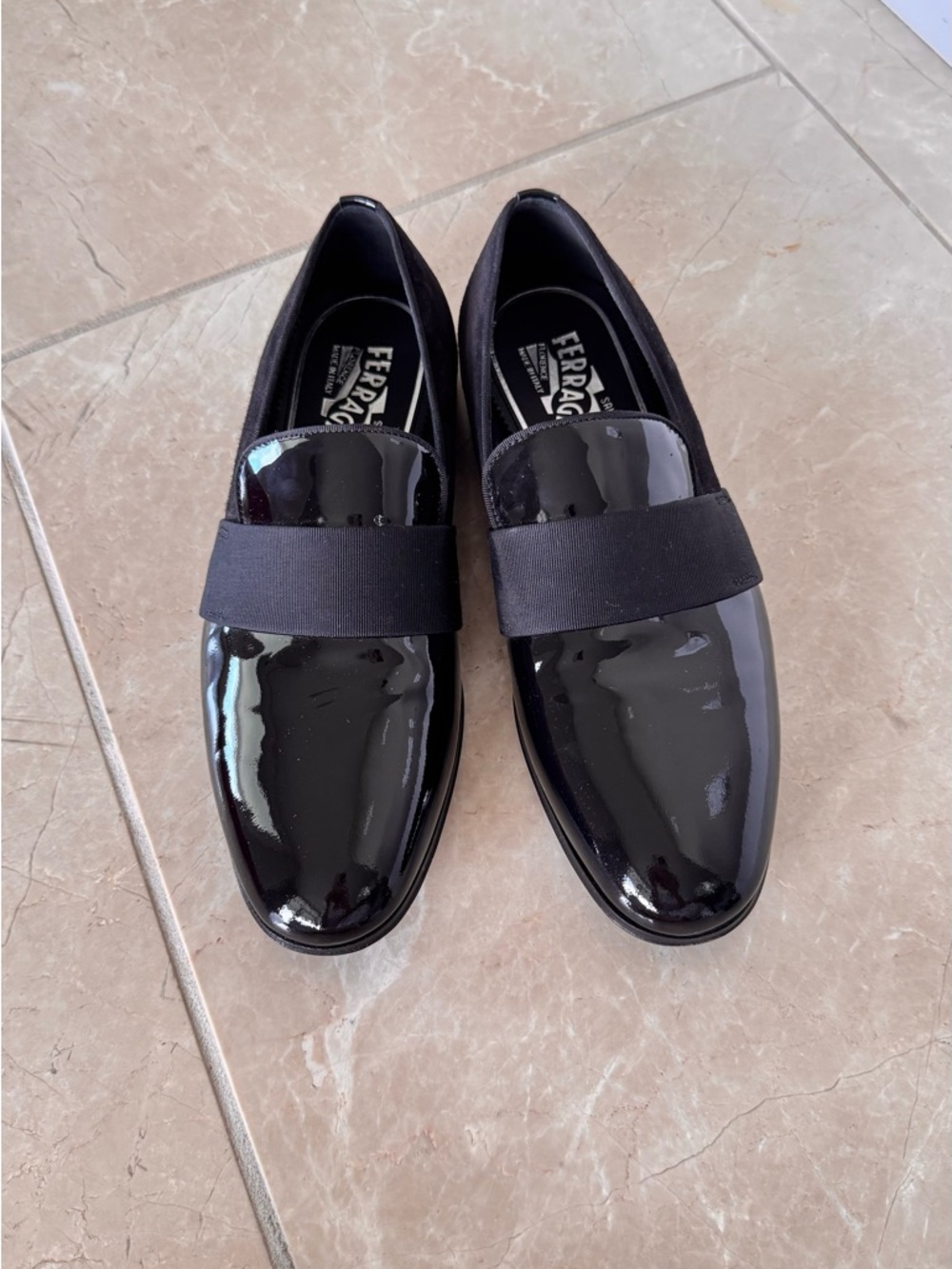 Salvatore Ferragamo Black Patent Leather Loafers with Elastic Band
